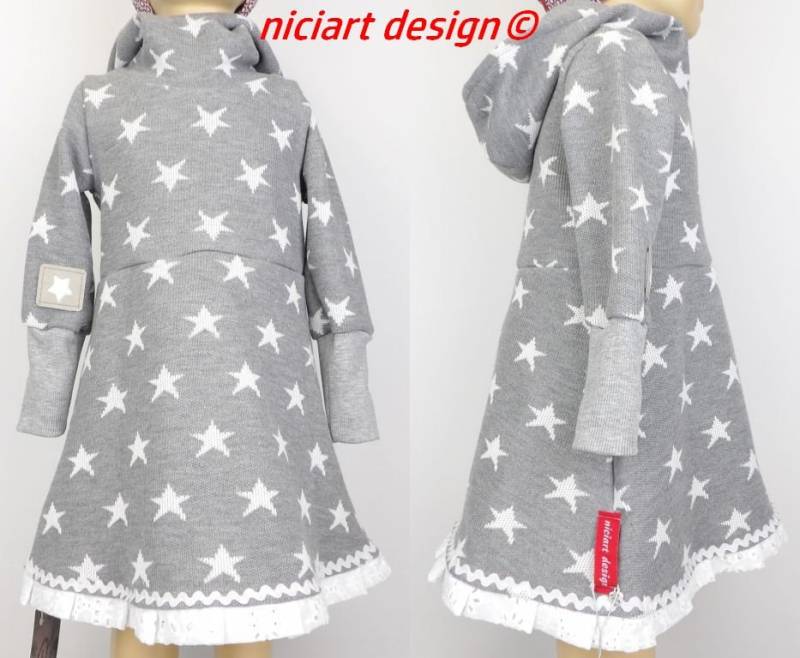 Strickkleid M Kapuze Baumwollstrick Jacquard Kleid Mädchen Kapuzenkleid Hellgrau Weiß Sterne By Niciartdesign von niciartdesign