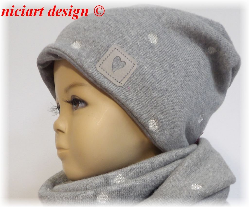 Strickmütze Kinder & Damen Wintermütze Beanie Bw Strick Baumwollfleece Glitzerpunkte Hellgrau Meliert Niciart Design von niciartdesign