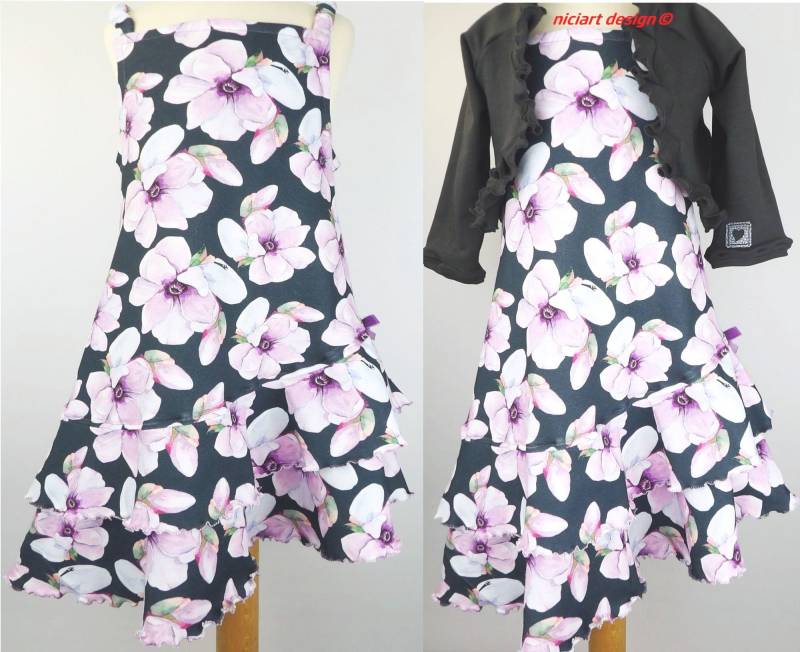 Volantkleid Mädchenkleid Festtagskleid Einschulung Bw Jersey Blüten Flieder Graublau Wahlweise Mit Bolero O Kurzsweaty Niciart Design von niciartdesign