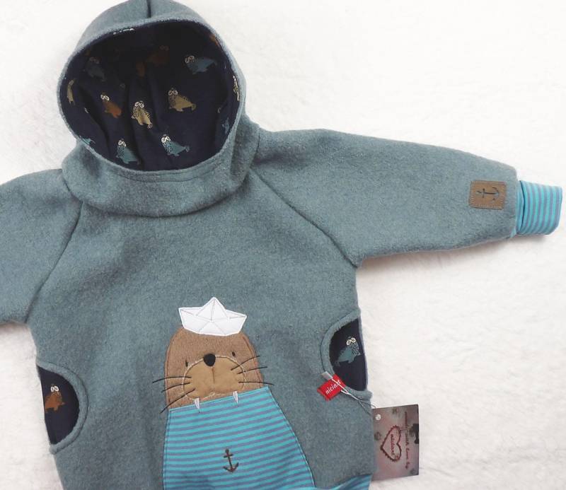 Walk Hoodie Walkpulli Jackenersatz Wollwalk Pullover Walkhoodie Altmint Walross Niciart Design von niciartdesign