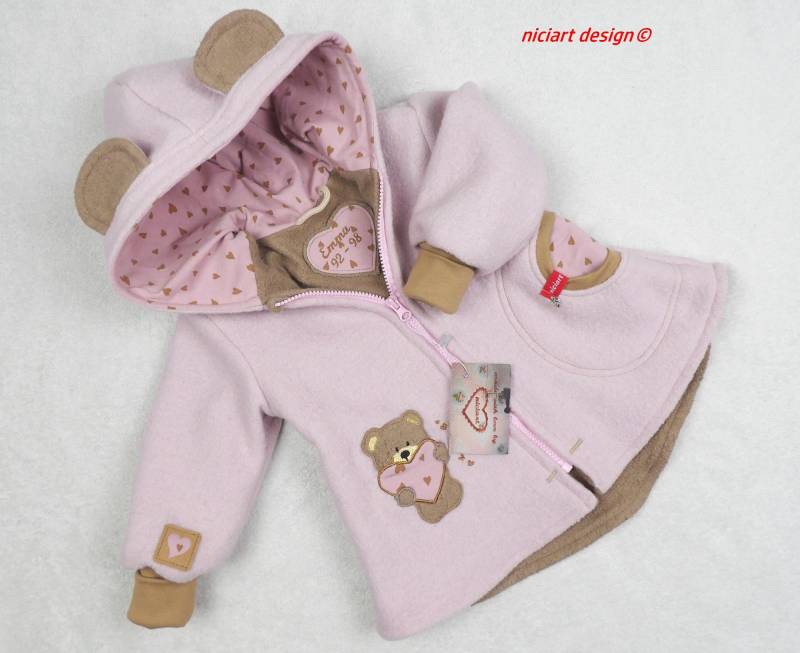 Walkjacke Gefüttert Wollwalkjacke Baby U. Kinder Jacke 100% Schurwolle Teddybär Teddyohren Rosa Wahlw M Hose Niciart Design von niciartdesign