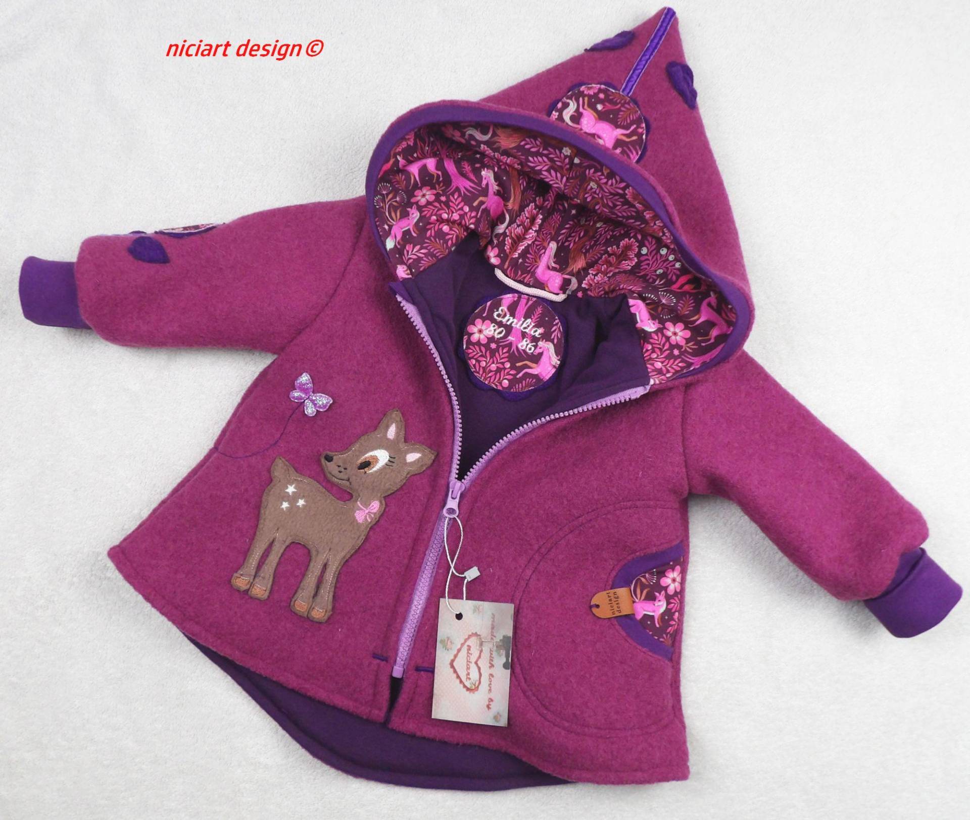 Walkjacke Gefüttert Wollwalkjacke Namensstick Inkl Baby & Kinderjacke Beere Lila Zauberwald Reh Fuchs U Co 100% Schurwolle Niciart Design von niciartdesign