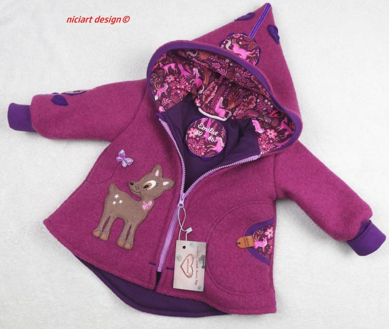 Walkjacke Gefüttert Wollwalkjacke Namensstick Inkl Baby & Kinderjacke Beere Lila Zauberwald Reh Fuchs U Co 100% Schurwolle Niciart Design von niciartdesign