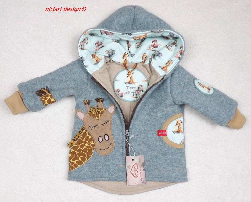 Walkjacke Wollwalkjacke Gefüttert Baby & Kinderjacke Altmint Meliert Giraffe 100% Schurwolle Niciart Design von niciartdesign