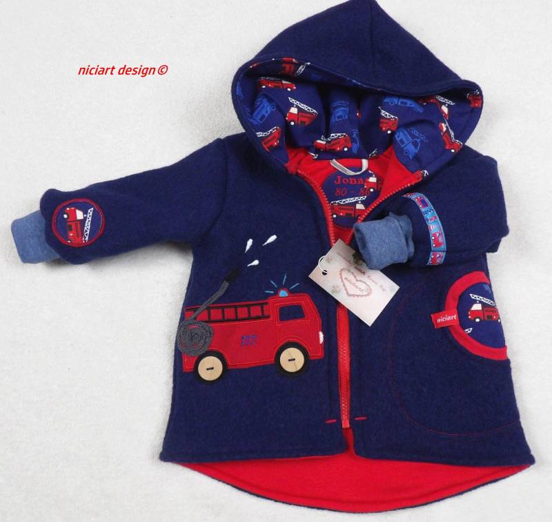 Walkjacke Wollwalkjacke Gefüttert Baby & Kinderjacke Dunkelblau Rot Feuerwehr Jacke 100% Schurwolle Wahlw Hose Niciart Design von niciartdesign
