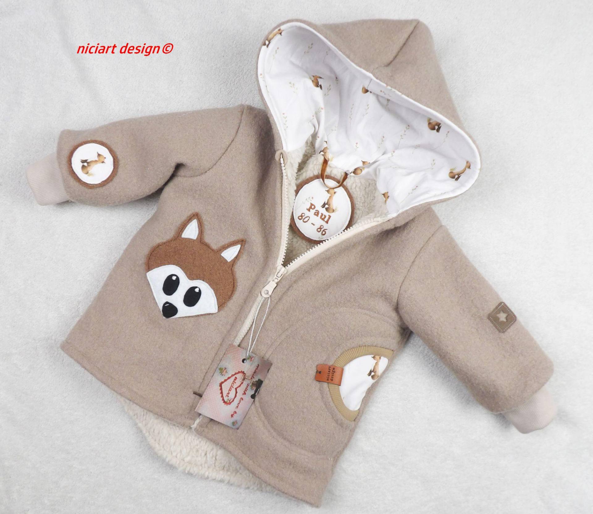 Walkjacke Wollwalkjacke Gefüttert Namensstick & Futterauswahl Baby U Kinderjacke Beige Fuchs 100% Schurwolle Niciart Design von niciartdesign