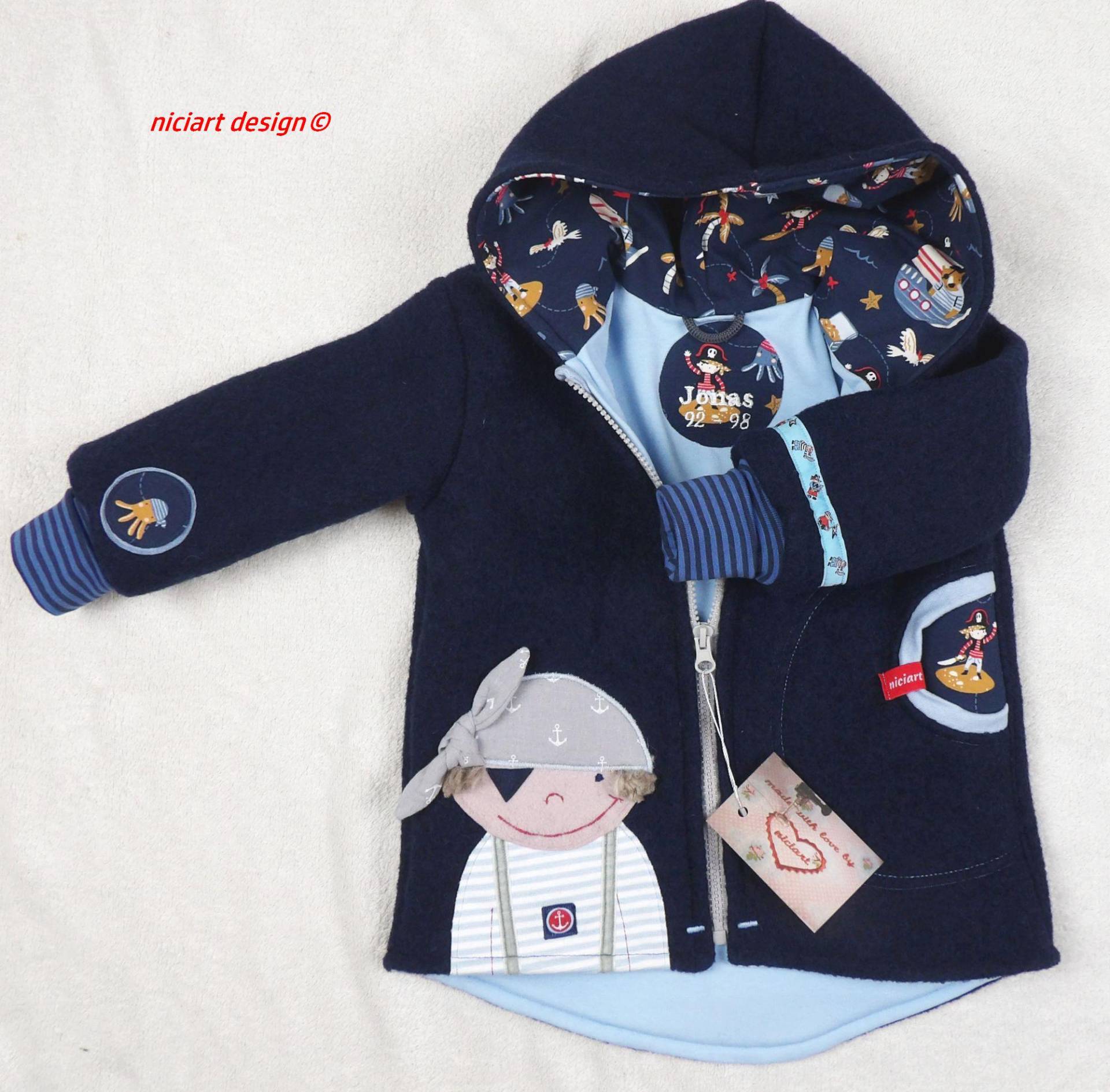 Walkjacke Wollwalkjacke Gefüttert Namensstick & Futterauswahl Baby U Kinderjacke Dunkelblau Piraten 100% Schurwolle Niciart Design von niciartdesign