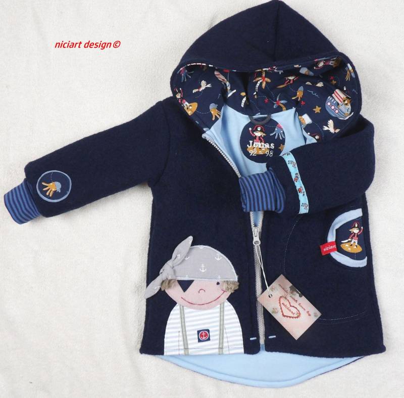 Walkjacke Wollwalkjacke Gefüttert Namensstick & Futterauswahl Baby U Kinderjacke Dunkelblau Piraten 100% Schurwolle Niciart Design von niciartdesign