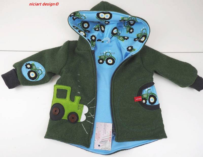 Walkjacke Wollwalkjacke Gefütterte Kinder Jacke Moosgrün Traktor Bw Jerseyfutter 100% Schurwolle Niciart Design von niciartdesign