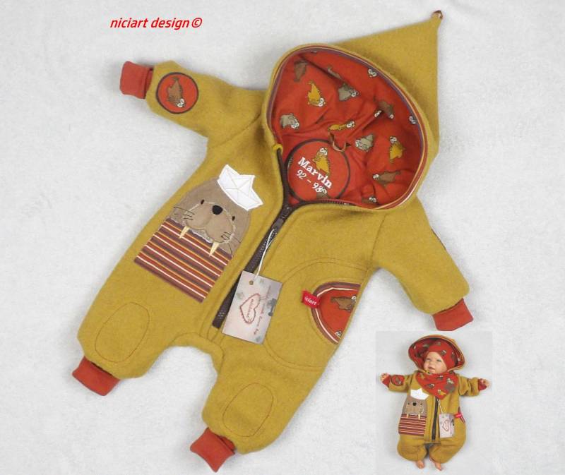 Walkoveralll Walk Overall Wagenanzug Namensstick Inkl. Gefüttert Gr. 50-110 Senfgelb Walross Wahlw M Mützenset Niciart Design von niciartdesign