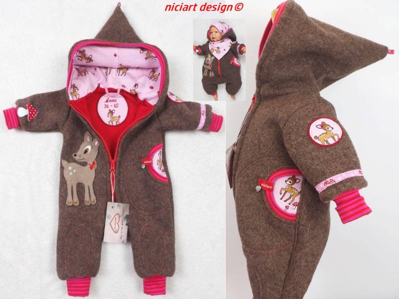 Walkoveralll Walk Overall Wagenanzug Namensstick Inkl. Gefüttert Gr. 50-110 Wollanzug Braun Reh Wahlw M Mützenset Niciart Design von niciartdesign