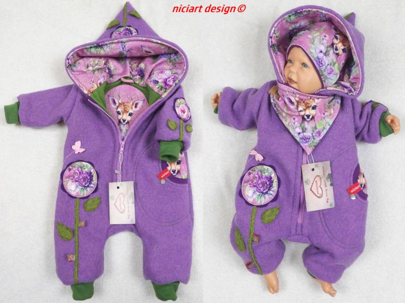 Walkoveralll Walk Overall Wagenanzug Namensstick Inkl. Gefüttert Gr. 50-110 Wollanzug Flieder Grün Reh Wahlw M Mützenset Niciart Design von niciartdesign