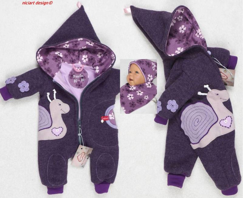 Walkoveralll Walk Overall Wagenanzug Namensstick Inkl. Gefüttert Gr. 50-110 Wollanzug Lila Meliert Schnecke Wahlw M Mützenset Niciart Design von niciartdesign
