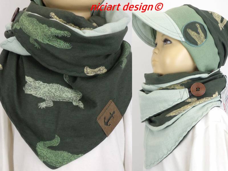 Wickelschal Dreiecksschal Dreieckstuch Bw Jersey U Musselin Wendbar Krokodil Oliv Grün Schlaufe & Knöpfe Niciart Design von niciartdesign