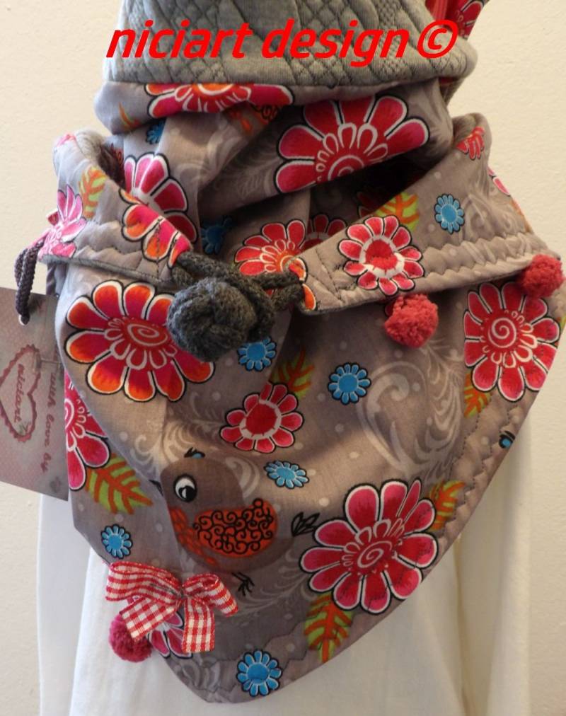 Wickelschal Dreiecksschal Dreieckstuch Kinderschal Baumwolle U Feinstrick Jacquard Zopfmuster Taupe Bunt Vögelchen Niciart Design von niciartdesign