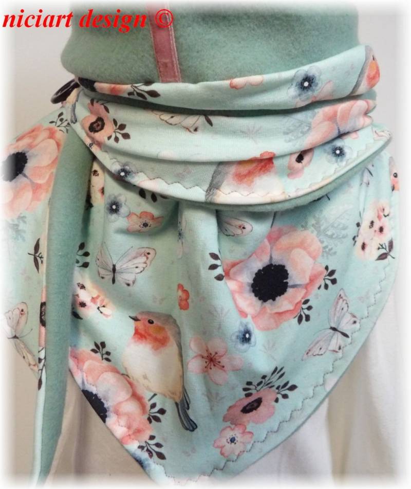 Wickelschal Dreiecksschal Kinderschal Bw Jersey & Baumwollfleece Schal Mint Bunt Rotkehlchen Verschluss Niciart Design von niciartdesign