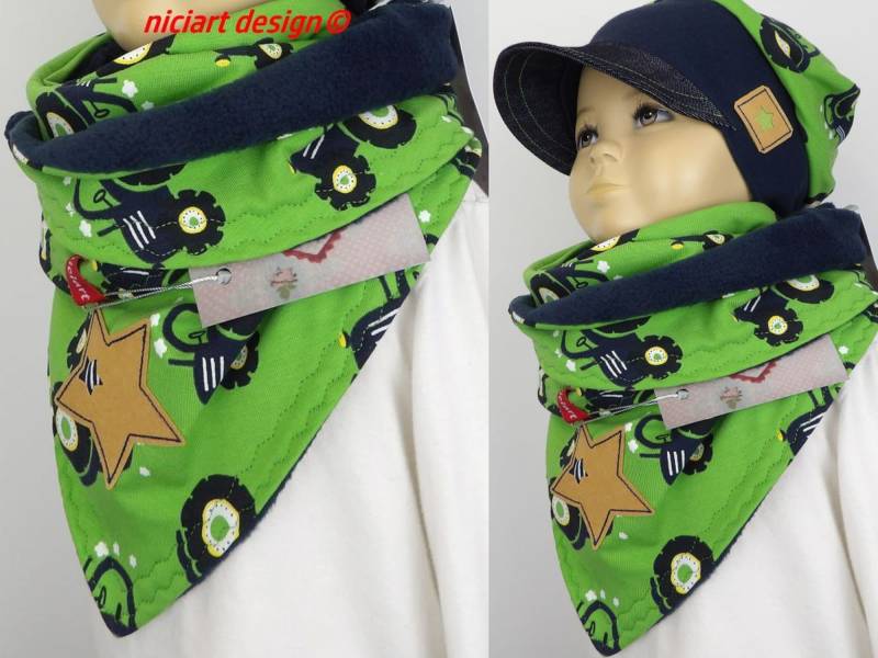 Wickelschal Dreiecksschal Kuscheliger Kinder Schal Bw Jersey Fleece Grün Blau Traktor Niciart Design von niciartdesign