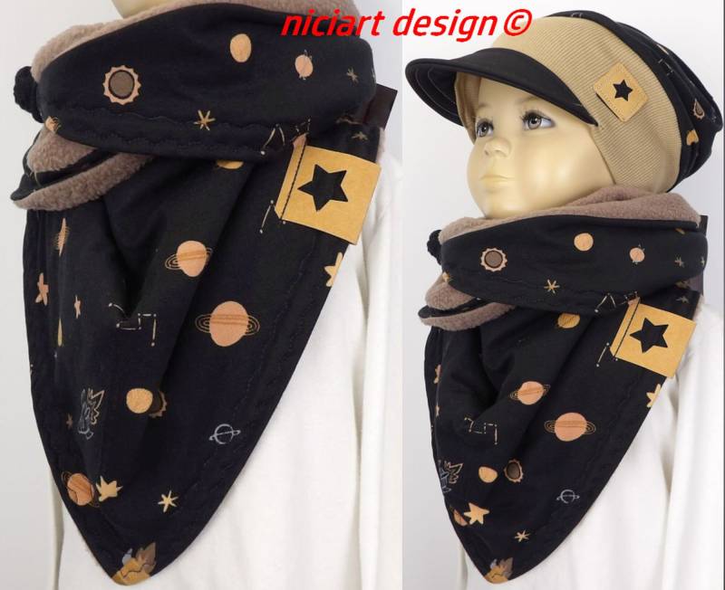 Wickelschal Dreiecksschal Kuscheliger Kinder Schal Bw Jersey Fleece Weltall Rakete Schwarz Taupe Niciart Design von niciartdesign
