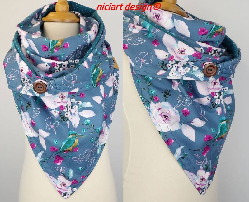 Wickelschal Knopf Wende Dreiecksschal Dreieckstuch Damenschal Baumwolle U Bw Jersey Grau Petrol Vögel Blumen Fixierbar Niciart Design von niciartdesign