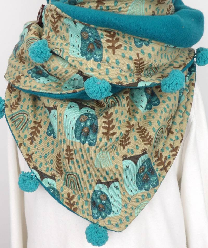 Wickelschal Muckeliger Dreiecksschal Kinder Winterschal Beige Petrol Eulen Knopf Schlaufe Verschluss Niciart Design von niciartdesign