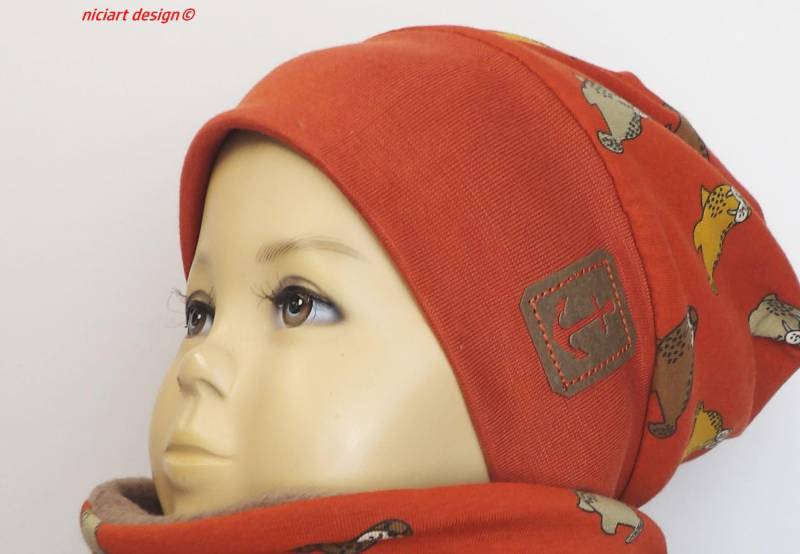 Bündchen Beanie Wintermütze Winterbeanie Bw Jersey & Polarfleece Rostrot Walross Wahlw Mit Loop Niciart Design von niciartdesign