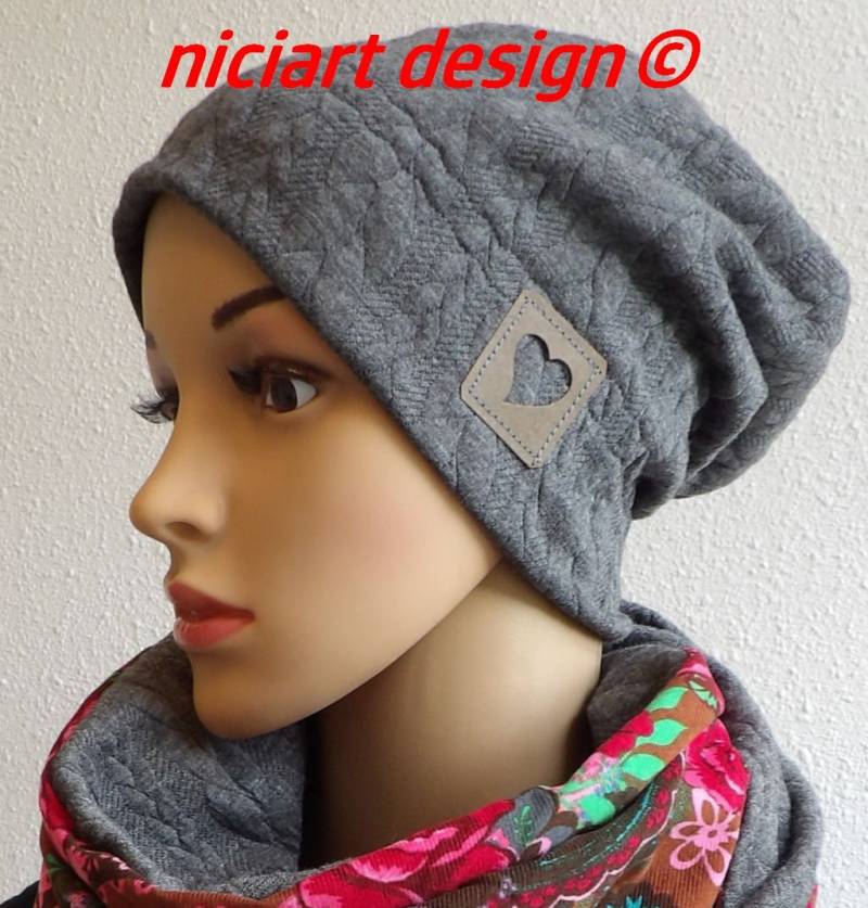 strickmütze Damenmütze Herbst - Wintermütze Beanie Jacquardstrick Zopfmuster Grau Meliert Niciart Design von niciartdesign