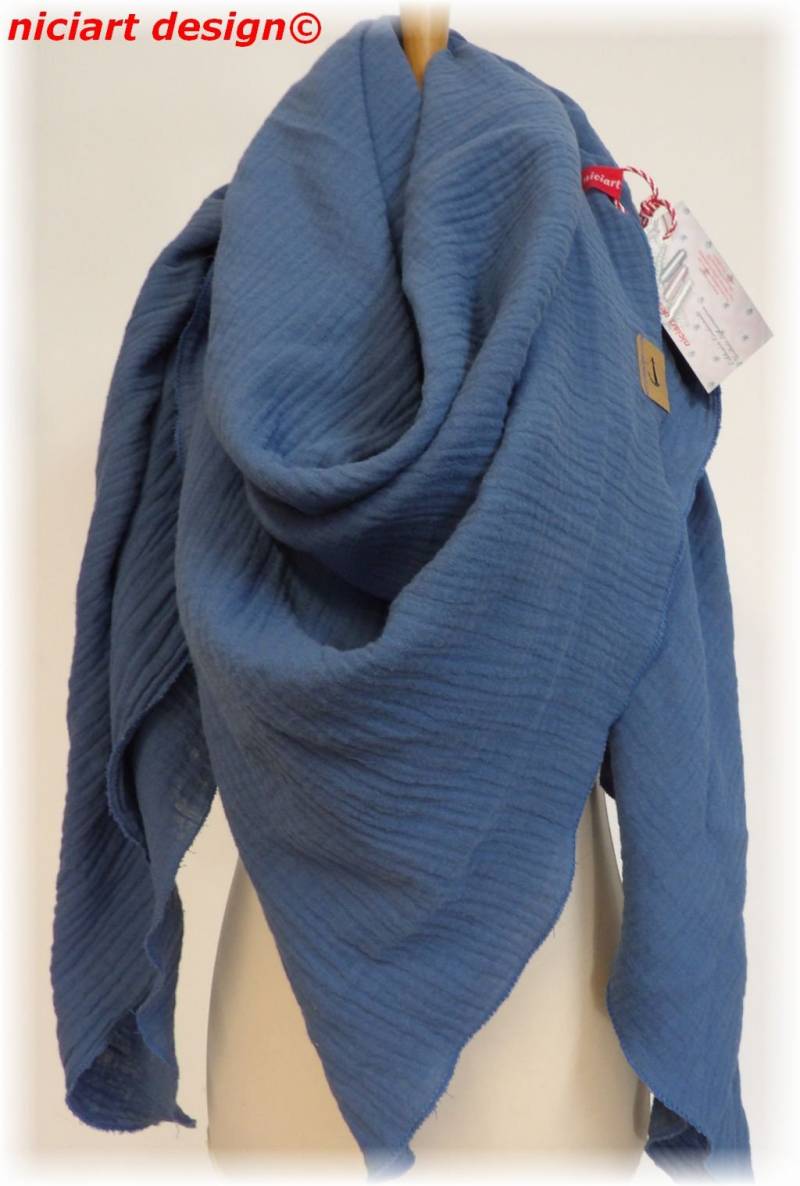 xxl Musselintuch Baumwolltuch 100% Bw Damenschal Dreieckstuch Schal Jeansblau Uni Musselin Niciart Design von niciartdesign