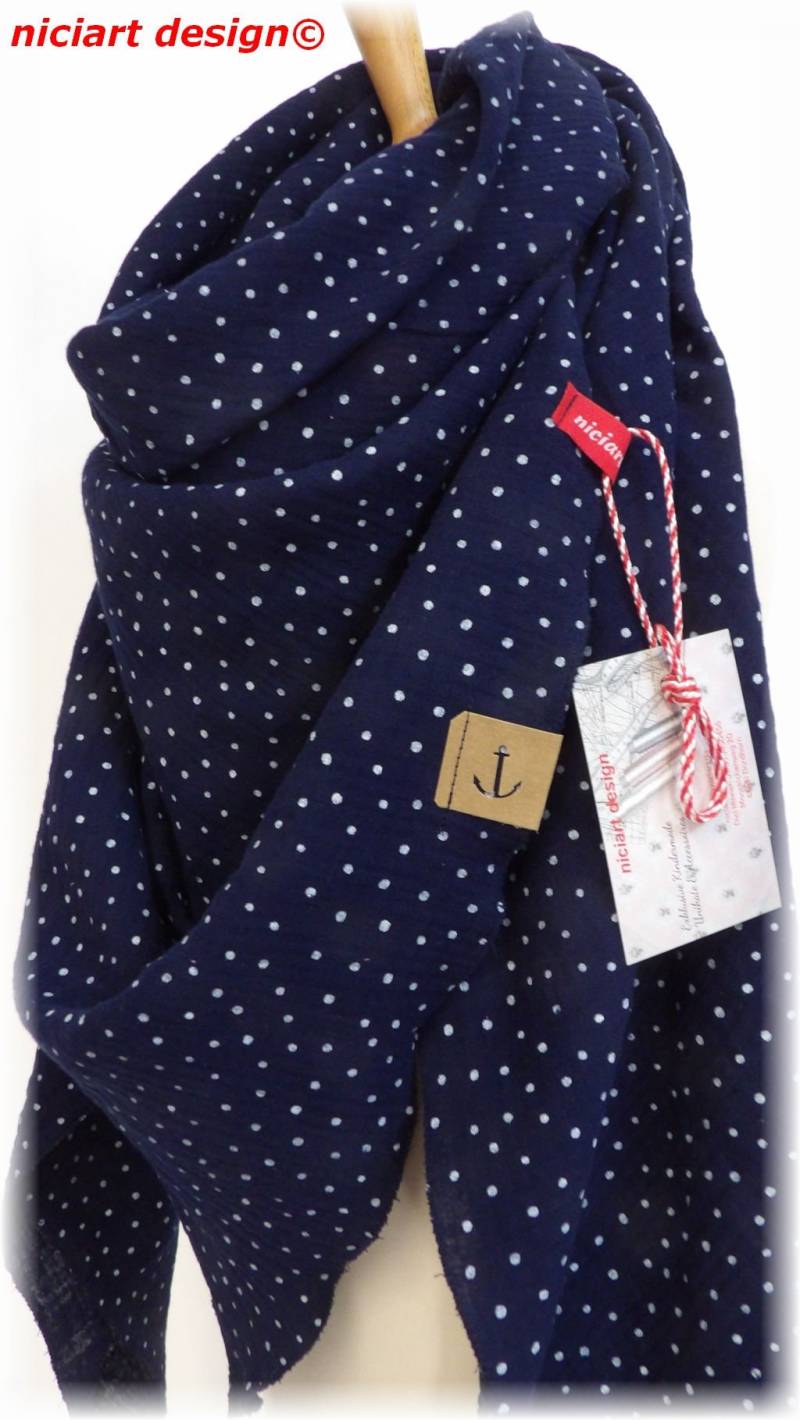 xxl Musselintuch Baumwolltuch Damentuch 130x130cm Dreieckstuch Schal Dunkelblau Weiß Pünktchen Musselin 100% Baumwolle von niciartdesign