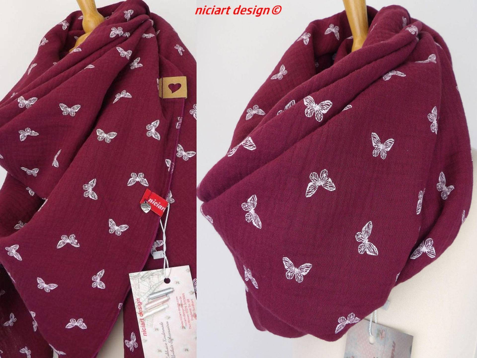 xxl Musselintuch Baumwolltuch Damentuch Damenschal Dreieckstuch Schal Bordeaux Schmetterlinge Musselin 100% Baumwolle Niciart Design von niciartdesign