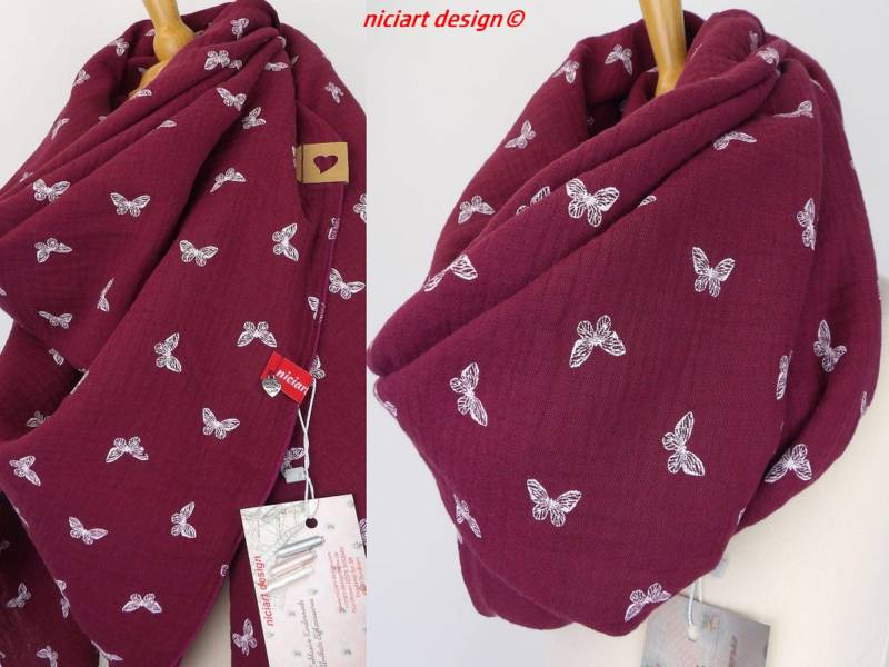 xxl Musselintuch Baumwolltuch Damentuch Damenschal Dreieckstuch Schal Bordeaux Schmetterlinge Musselin 100% Baumwolle Niciart Design von niciartdesign