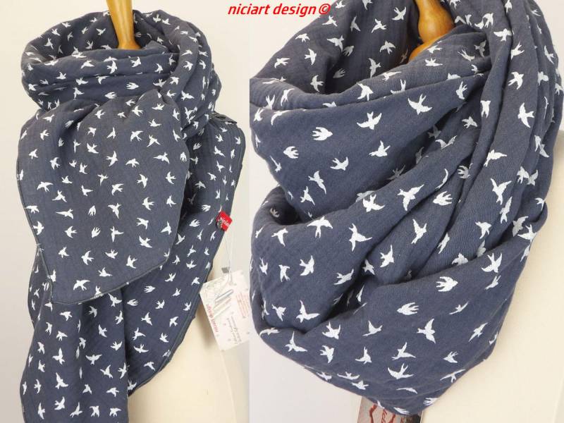 xxl Musselintuch Baumwolltuch Damentuch Damenschal Dreieckstuch Schal Graublau Schwalben Musselin 100% Baumwolle Niciart Design von niciartdesign
