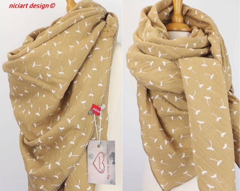 xxl Musselintuch Baumwolltuch Damentuch Damenschal Dreieckstuch Schal Karamell Beige Pusteblumen Musselin 100% Baumwolle Niciart Design von niciartdesign
