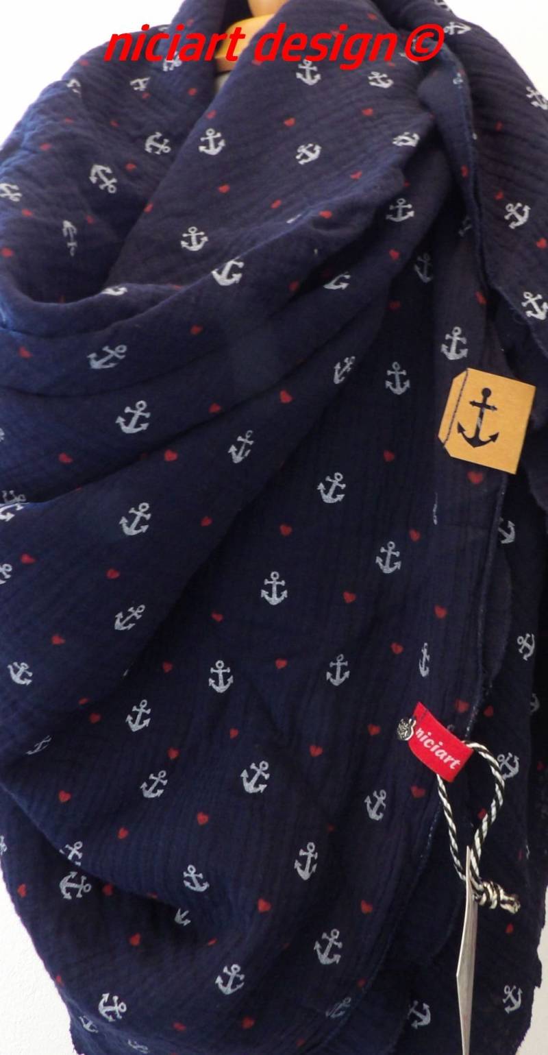 xxl Musselintuch Damen Damentuch Damenschal Dreieckstuch Schal Dunkelblau Rot Anker & Herzchen Musselin 100% Baumwolle Niciart Design von niciartdesign