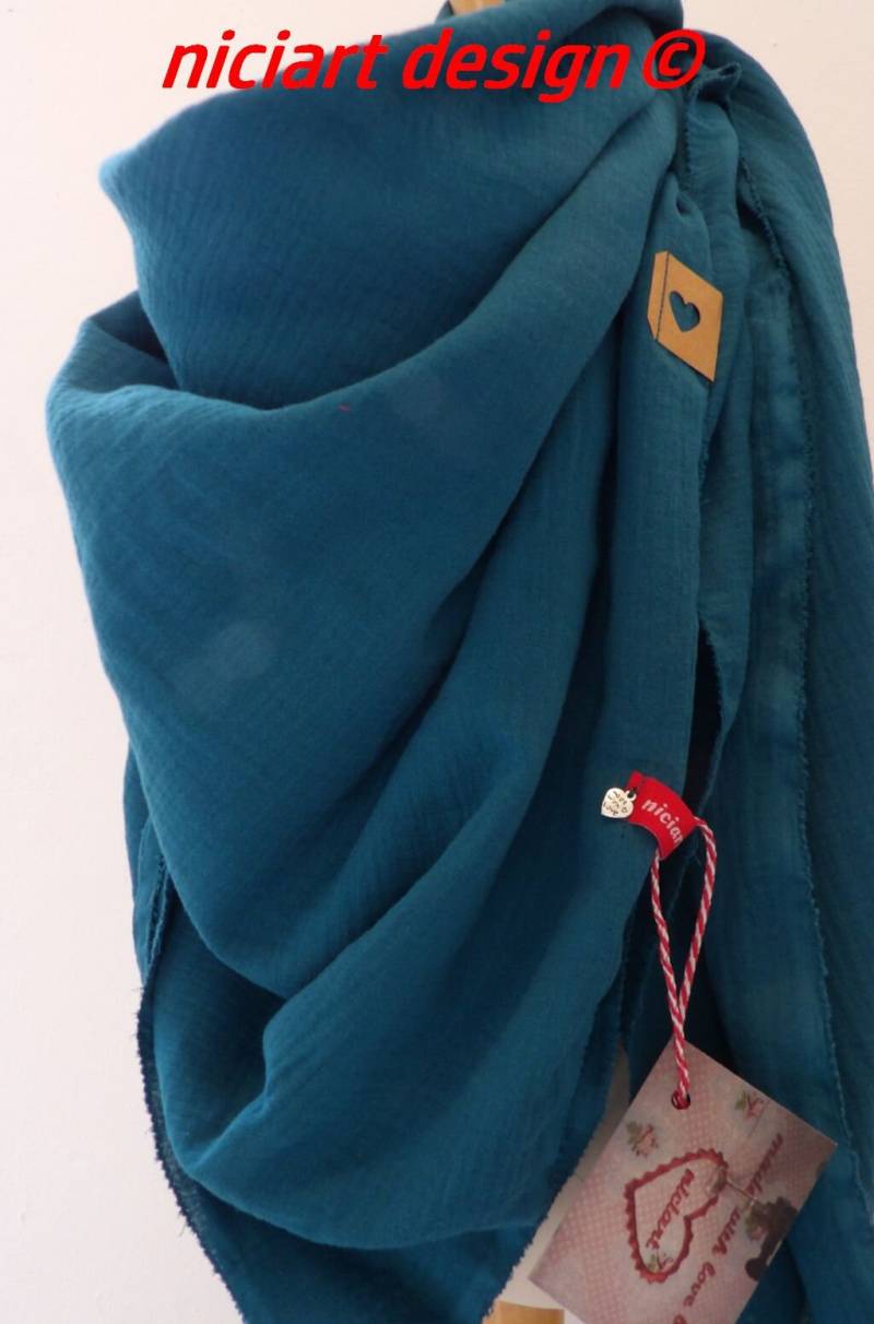 xxl Musselintuch Damen Damentuch Wickelschal Damenschal Dreieckstuch Schal Petrol Uni Musselin 100% Bw Niciart Design von niciartdesign