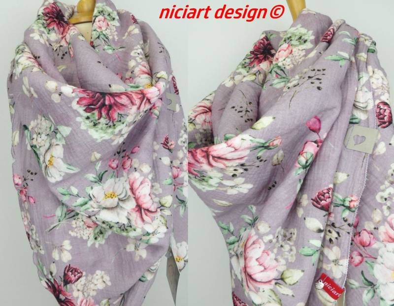 xxl Musselintuch Damentuch Damenschal Dreieckstuch Musselin Tuch Blumenmeer Flieder 100% Baumwolle Niciart Design von niciartdesign