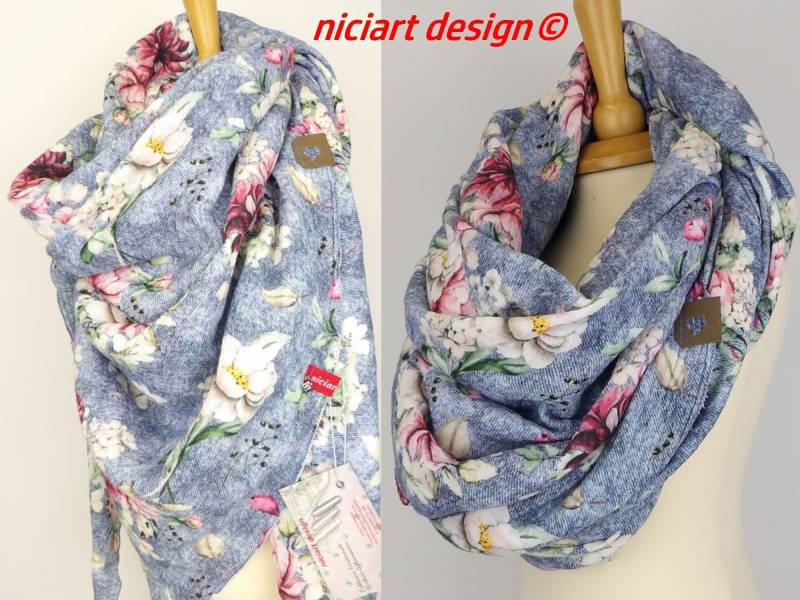 xxl Musselintuch Damentuch Damenschal Dreieckstuch Musselin Tuch Blumenmeer Jeansblau 100% Baumwolle Niciart Design von niciartdesign
