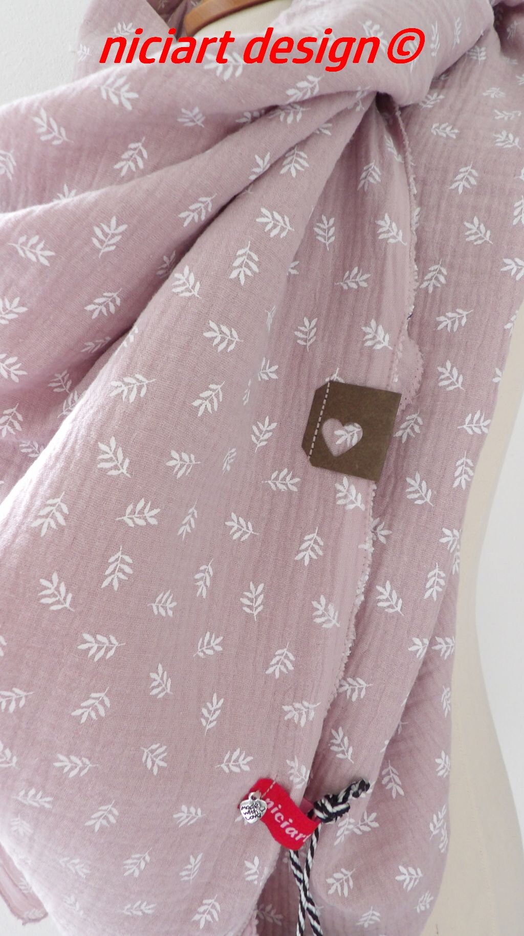 xxl Musselintuch Damentuch Damenschal Dreieckstuch Schal Neu Altrosa Weiß Minizweige Musselin 100% Baumwolle Niciart Design von niciartdesign