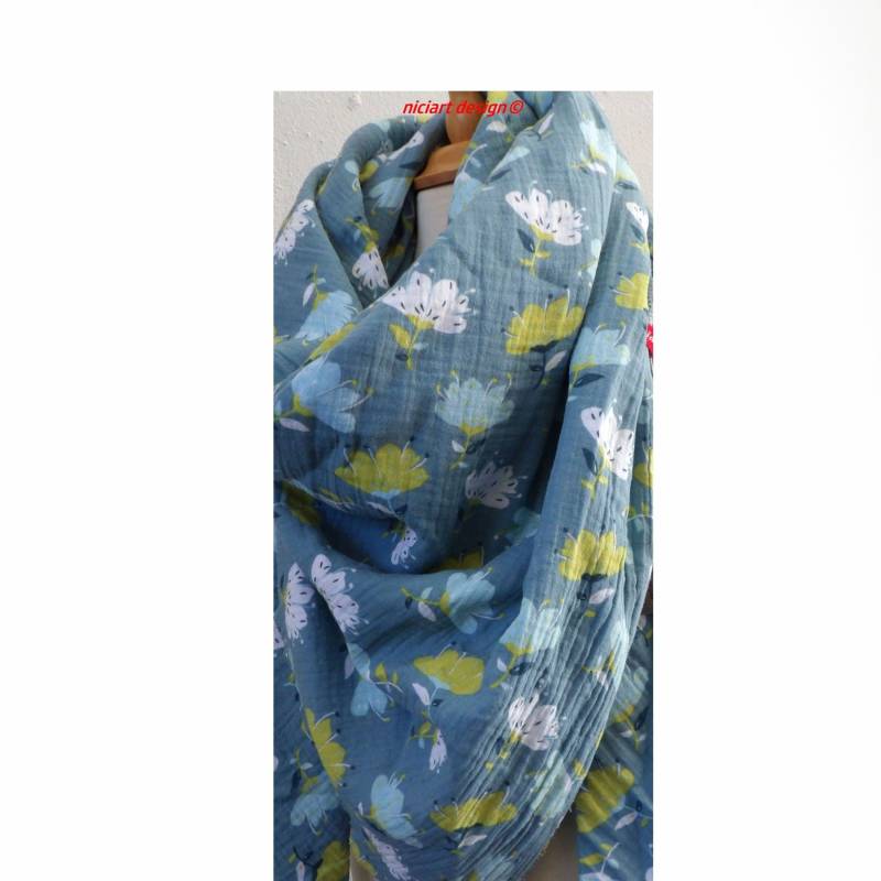 xxl Musselintuch Damentuch Damenschal Dreieckstuch Schal Neu Blumen Blau Grüntöne Limitiert 100% Bw Niciart Design von niciartdesign