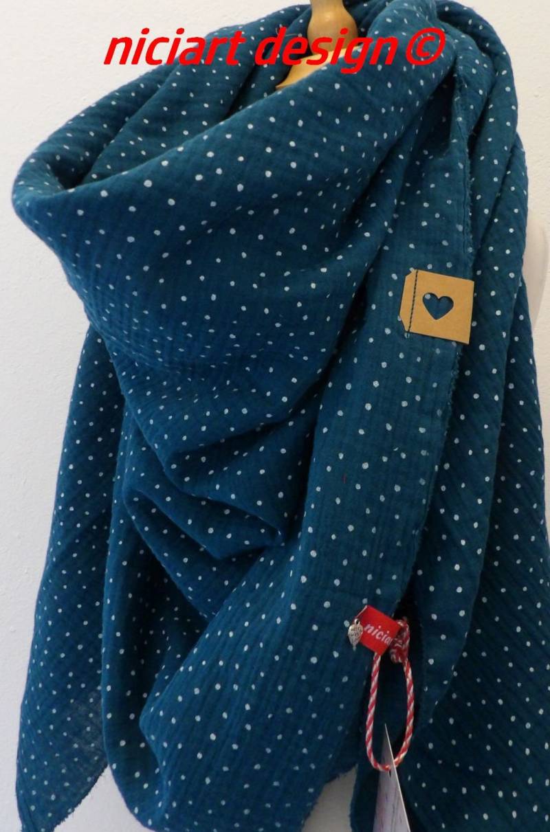 xxl Musselintuch Damentuch Damenschal Dreieckstuch Schal Petrol Pünktchen 100% Baumwolle Double Gauze Niciart Design von niciartdesign