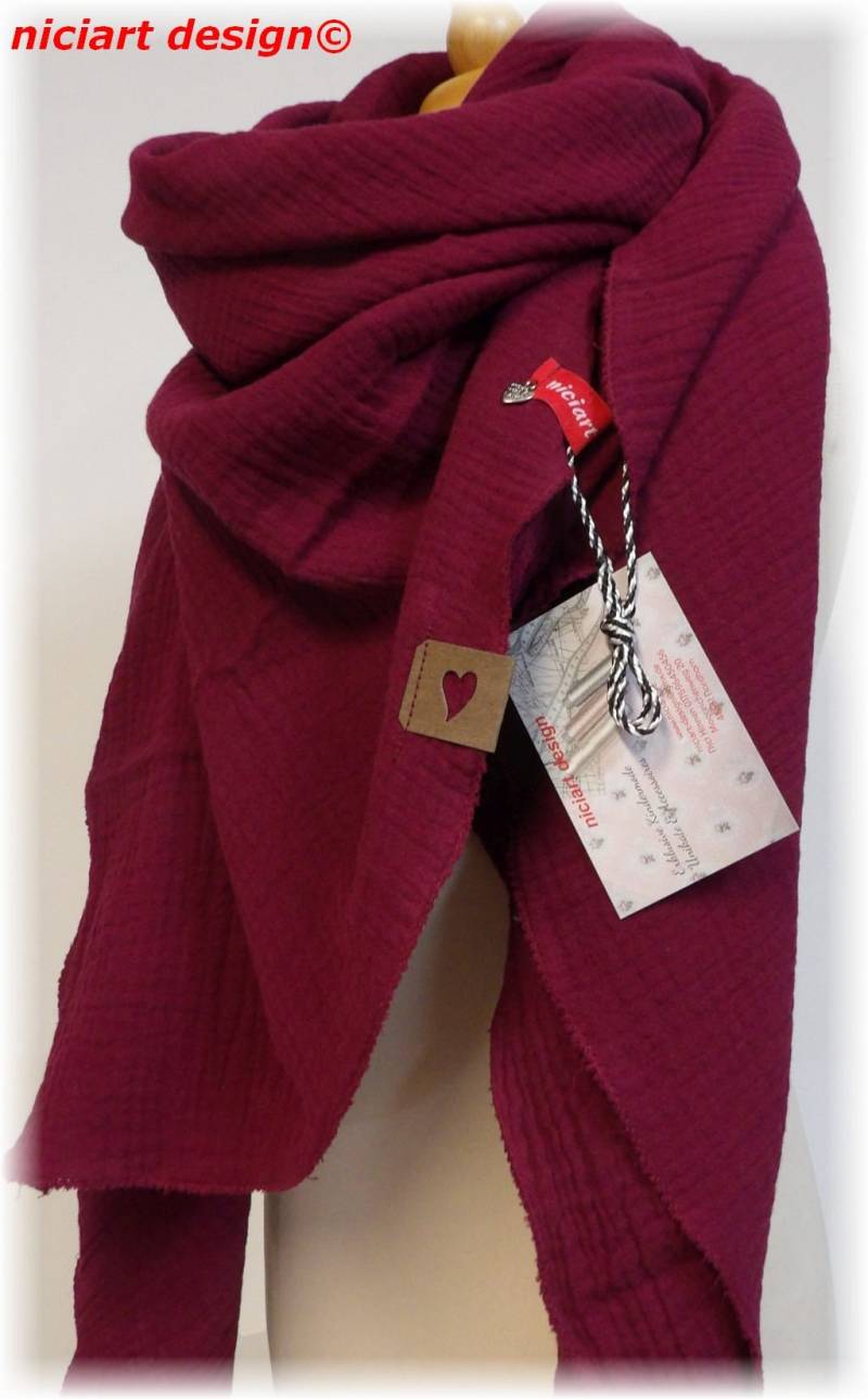 xxl Musselintuch Damentuch Damenschal Dreieckstuch Schal Weinrot Bordeaux Uni Musselin 100% Baumwolle Niciart Design von niciartdesign