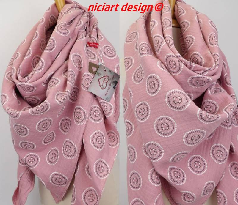 xxl Musselintuch Damentuch Wende Musselinschal Damenschal Dreieckstuch Schal Tuch Altrosa Mandala Musselin von niciartdesign