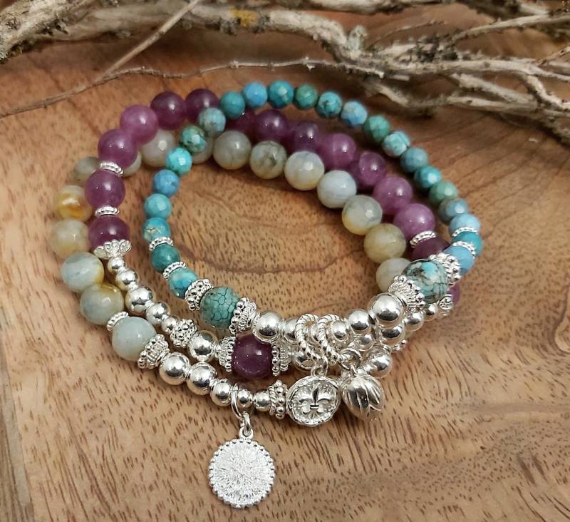 Mira Edelsteinarmbänder - Türkis-Violette-Grüngelb Silber von nicitaModeschmuck