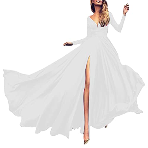 nicticsi Abendkleid Damen Lang Elegant Ballkleid Festliches Cocktailkleid Brautkleid Maxikleid Hochzeit Brautjungfernkleider Curvy Weihnachtskleider Bodenlang Partykleid Cocktail G Weiß L von nicticsi