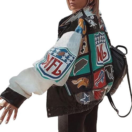 nicticsi Bomberjacke Damen Sweatjacke Ladies College Sweat Jacket Reißverschluss Für Frauen Oversized Patchwork Jacke Vintage Druck Jacken Baseball Mantel A3 Schwarz M von nicticsi