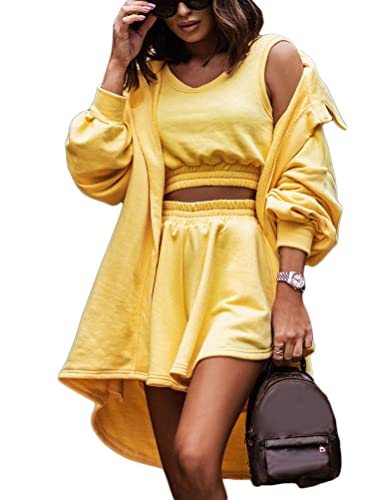 nicticsi Damen 3 Stück Casual Outfits Revers Langarm Shirt Crop Top Hohe Taille Shorts Sommer Elegant Y2K Streetwear Oversize Tracksuit Loungewear Sportswear Anzüge Gelb M von nicticsi