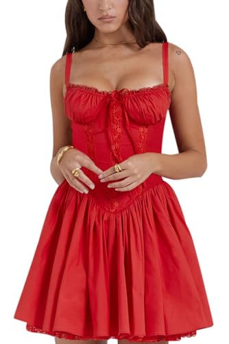 nicticsi Damen Ärmellos Kleider Spitze Spleißen Minikleider Spaghetti Trägerkleid Swing Faltenrock Retro Kleider A Rot M von nicticsi