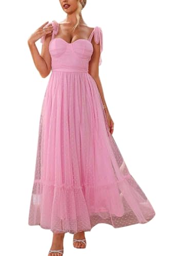 nicticsi Damen Abendkleid Elegant Bindegurte Sling Cocktailkleid Tüll U-Ausschnitt Hochzeitsfeier Kleider Hohe Taille Party Abendkleider A Rosa S von nicticsi