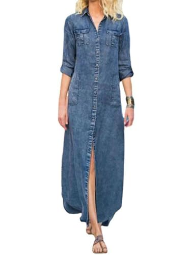 nicticsi Damen Boho Jeanskleid Sommer Frauen Casual Loose Jeans Kleider V-Ausschnitt Knopf Lange Gekrempelte Ärmel A-Linie Maxi Denimkleid Tunika Hemd Blusenkleid A Blau XL von nicticsi