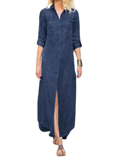 nicticsi Damen Boho Jeanskleid Sommer Frauen Casual Loose Jeans Kleider V-Ausschnitt Knopf Lange Gekrempelte Ärmel A-Linie Maxi Denimkleid Tunika Hemd Blusenkleid A Dunkelblau L von nicticsi