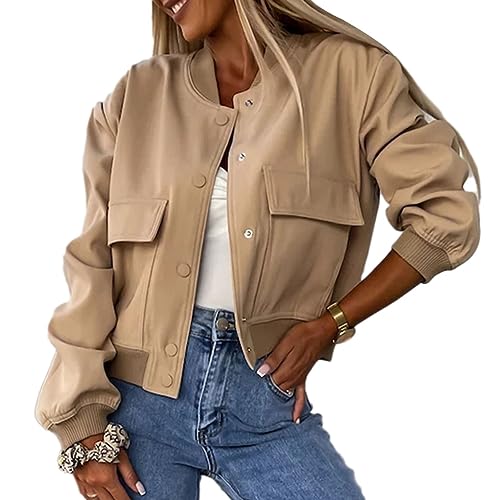 nicticsi Damen Bomberjacke Casual Kurze Pilotenjacke Langarm Outwear Zip Up Bomber Jacket Solid Leichte Coat Herbst Sweatjacke Frühling Übergangsjacke A Khaki M von nicticsi